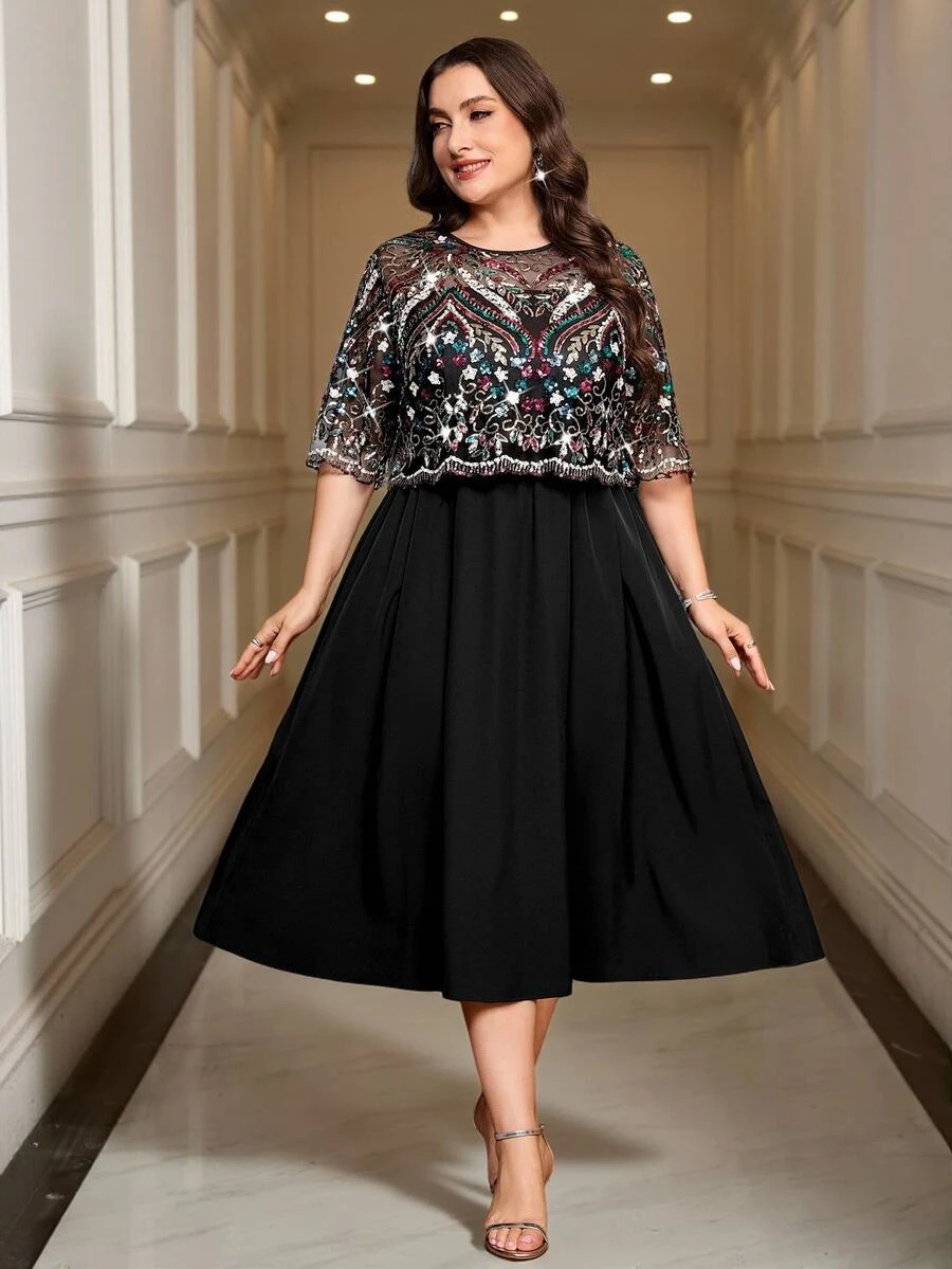 Reflora Plus Size Women Floral Sequin Mesh Short Sleeve Elegant Dress Wedding Cocktail Evening Black Summer Christmas - Black - View 1