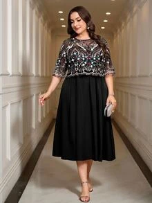 Reflora Plus Size Women Floral Sequin Mesh Short Sleeve Elegant Dress Wedding Cocktail Evening Black Summer Christmas - Black - View 5