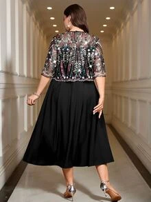 Reflora Plus Size Women Floral Sequin Mesh Short Sleeve Elegant Dress Wedding Cocktail Evening Black Summer Christmas - Black - View 3