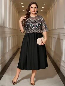 Reflora Plus Size Women Floral Sequin Mesh Short Sleeve Elegant Dress Wedding Cocktail Evening Black Summer Christmas - Black - View 6