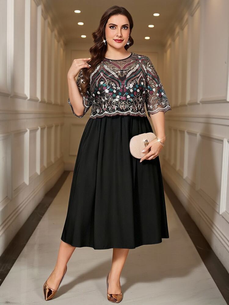 Reflora Plus Size Women Floral Sequin Mesh Short Sleeve Elegant Dress Wedding Cocktail Evening Black Summer Christmas - Black - View 6