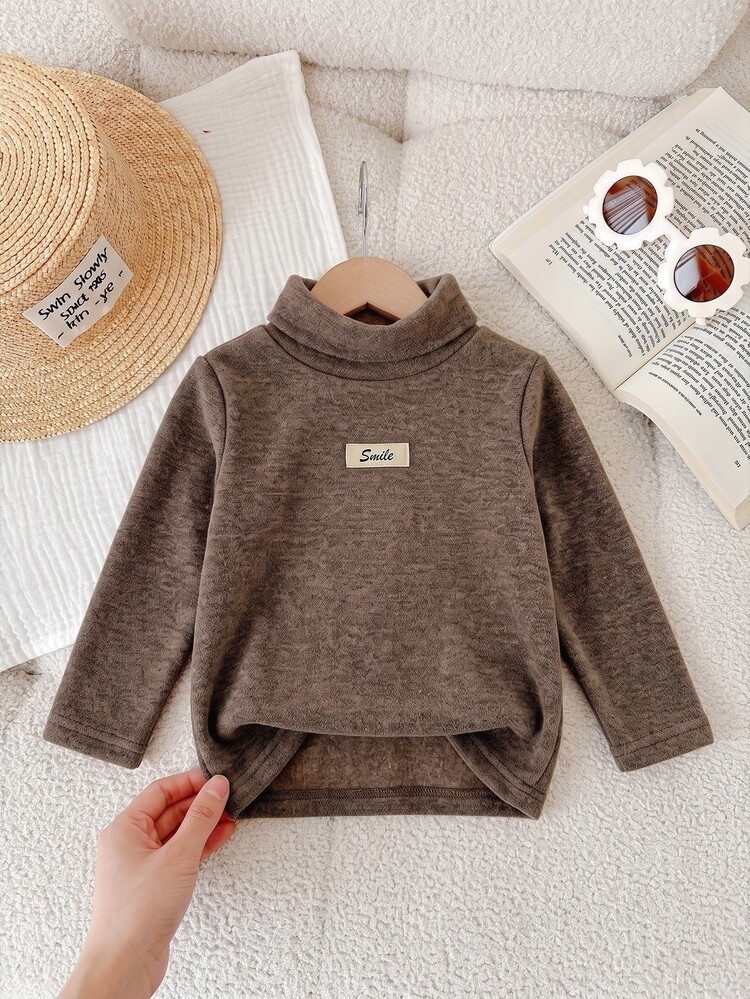 SHEIN Baby Boy Baby Girl Composite Fleece Thick High Neck Elastic Base Layer Top Suitable For Winter - Coffee Brown - View 5