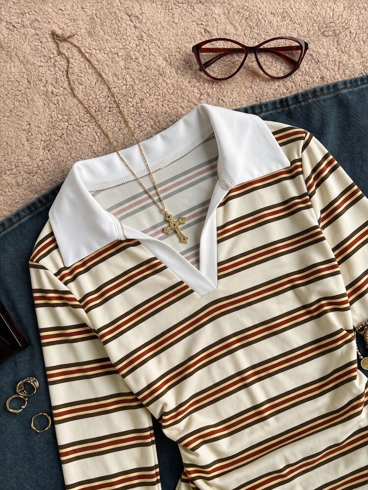 Attitoon Women's Polo Collar Long Sleeve Ruched Waist T-Shirt - Combines Casual, Minimalist, Sporty And Street Style, Versatile Piece Suitable For Party, Airport Outfit And Y2K Style; Brown And White Striped Collegiate Print Design, Fashionable For Streetwear And Summer Outfits - Multicolor - View 4