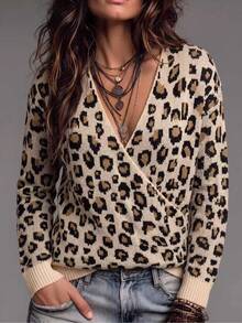 LUMIGAL Women's Fashion Vintage Leopard Print Jacquard Long Sleeve Sweater - Multicolor - View 8