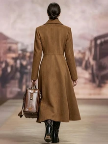 Giddy West Giddy West Women's Solid Color Lapel Neck Double-Breasted Long Sleeve Long Coat Travel Going Out Brown Fall Western Elegant - Brown - View 2