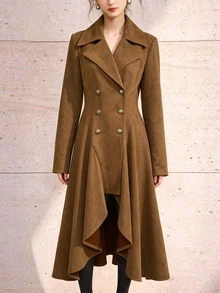 Giddy West Giddy West Women's Solid Color Lapel Neck Double-Breasted Long Sleeve Long Coat Travel Going Out Brown Fall Western Elegant - Brown - View 6