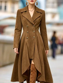 Giddy West Giddy West Women's Solid Color Lapel Neck Double-Breasted Long Sleeve Long Coat Travel Going Out Brown Fall Western Elegant - Brown - View 5