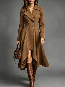 Giddy West Giddy West Women's Solid Color Lapel Neck Double-Breasted Long Sleeve Long Coat Travel Going Out Brown Fall Western Elegant - Brown - View 3