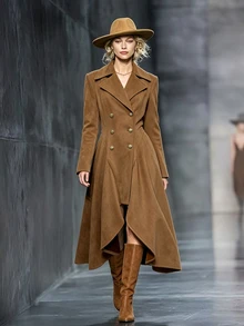 Giddy West Giddy West Women's Solid Color Lapel Neck Double-Breasted Long Sleeve Long Coat Travel Going Out Brown Fall Western Elegant - Brown - View 4