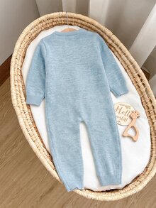 SHEIN Newborn Baby Girl Autumn/Winter Cute Cartoon Pattern Long Sleeve Sweater Romper - Baby Blue - View 3