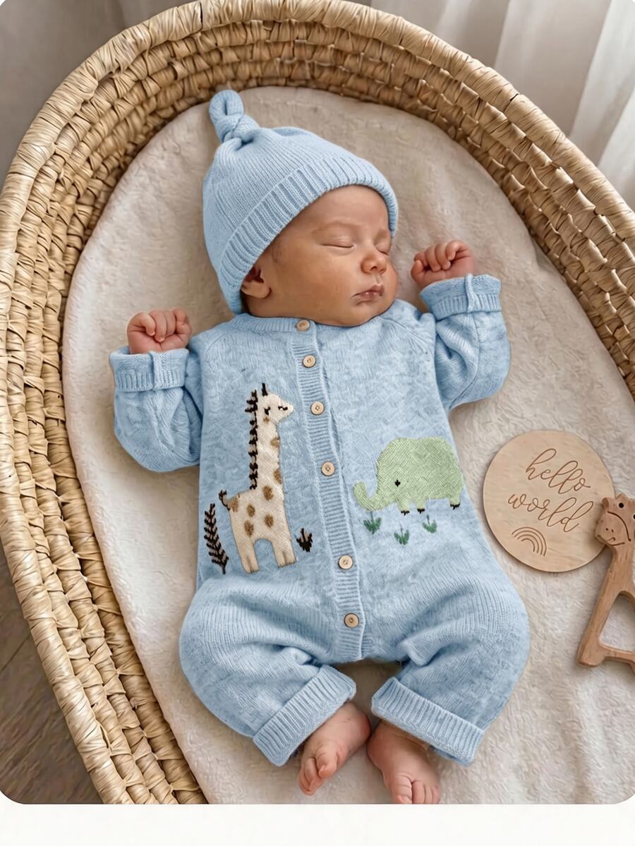 SHEIN Newborn Baby Girl Autumn/Winter Cute Cartoon Pattern Long Sleeve Sweater Romper - Baby Blue - View 1