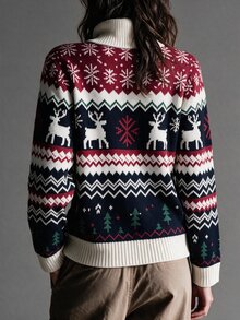 Selianne 女款高領 Fair Isle 聖誕毛衣，馴鹿雪花提花長袖針織套頭衫，秋季休閒 80 年代復古聖誕上衣，海軍藍 - 藍色 - 查看 2