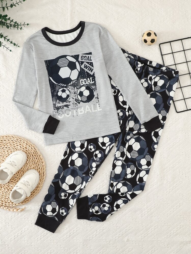 SHEIN Kids Tween Boy Snug Fit Soccer Graphic Crew Neck Long Sleeve T-Shirt And Long Autumn Winter Pants Soft Comfortable Snug Fit Pajama Set 2pcs - Multicolor - View 5