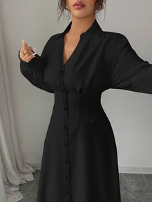Modelyn 女式白色束腰衬衫领设计连衣裙 - 黑色 - 查看 8