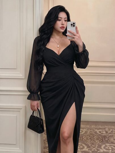 Vibekara Plus Size Women's Autumn/Winter Chiffon Sweetheart Square Neck Ruffle Long Sleeve French Elegant Vintage Cute Romantic Holiday Midi Tulip Hem Black Mid-Length Dress