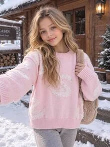 SHEIN Genkimix Kids 女童時尚休閒甜美櫻桃針織套頭毛衣 - 粉色 - 查看 7