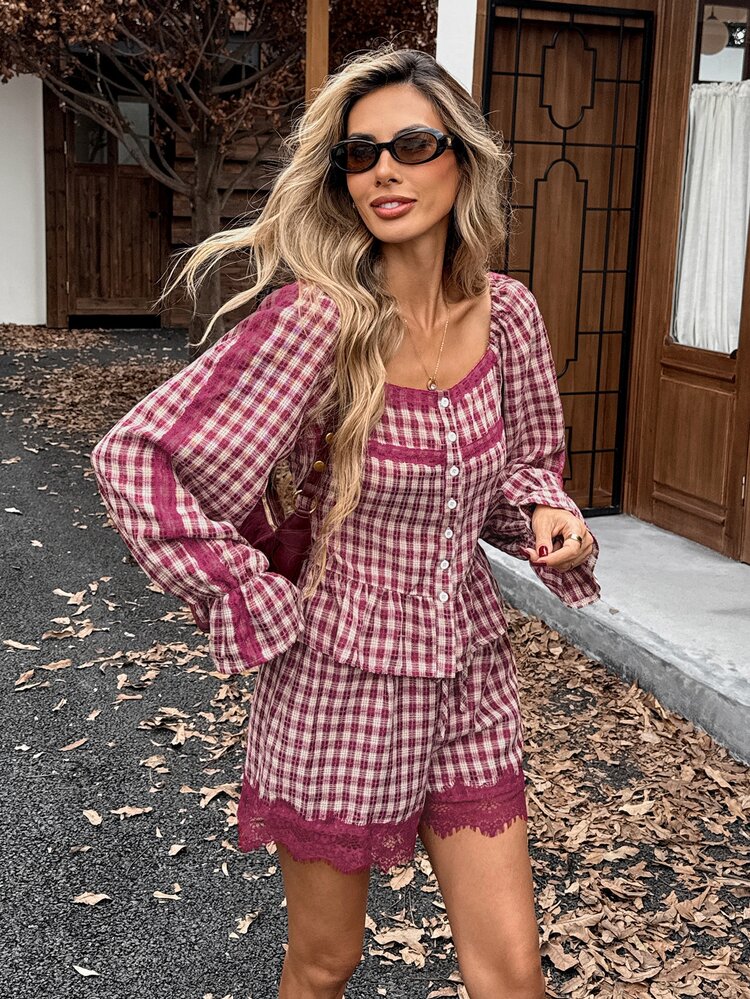 SHEIN Frenchy Women's Plaid Square Neck Long Sleeve Button Design Shirt And Contrast Lace Shorts Casual 2 Pieces Set - Multicolor - View 9