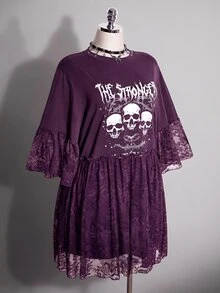 SHEIN ICON 大尺碼復古性感暗黑哥德風千禧Y2K個性街頭前衛龐克骷髏圖案蕾絲拼接黑色寬鬆T恤洋裝 - 紫色 - 查看 5
