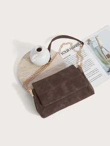 Enchnt Fashion Solid Color PU Flap Shoulder Bag, Crossbody Bag, Metal Chain Strap, Suitable For Women Shopping, Dating, Gifts And Daily Use - Coffee - View 1