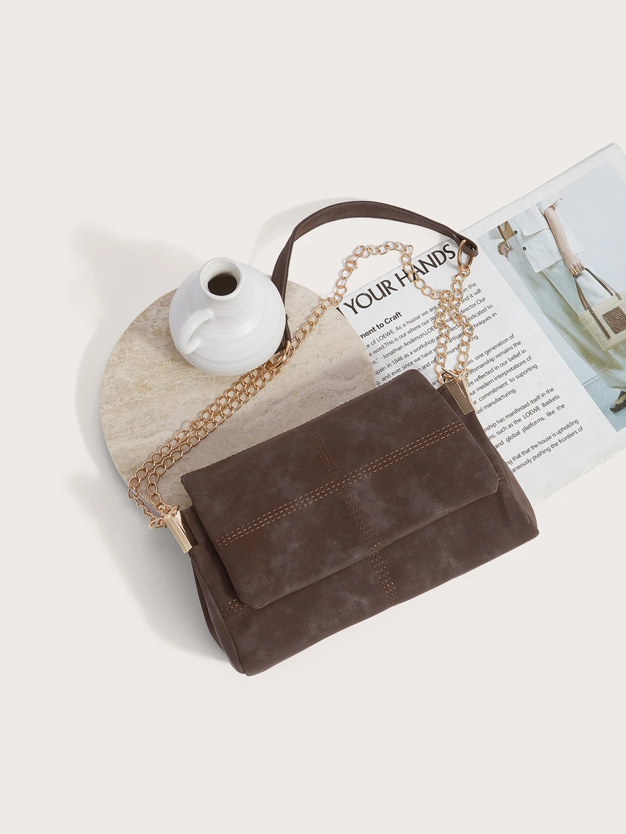 Enchnt Fashion Solid Color PU Flap Shoulder Bag, Crossbody Bag, Metal Chain Strap, Suitable For Women Shopping, Dating, Gifts And Daily Use - Coffee - View 1