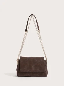 Enchnt Fashion Solid Color PU Flap Shoulder Bag, Crossbody Bag, Metal Chain Strap, Suitable For Women Shopping, Dating, Gifts And Daily Use - Coffee - View 3