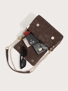 Enchnt Fashion Solid Color PU Flap Shoulder Bag, Crossbody Bag, Metal Chain Strap, Suitable For Women Shopping, Dating, Gifts And Daily Use - Coffee - View 5