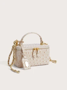 Enchnt Cream Apricot Ostrich Skin Texture Vintage Small Square Box Handbag, Gentle Commute & Date Mini Chain Purse For Women - Apricot - View 5