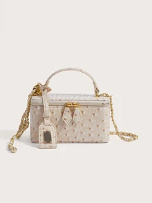 Enchnt Cream Apricot Ostrich Skin Texture Vintage Small Square Box Handbag, Gentle Commute & Date Mini Chain Purse For Women - Apricot - View 4
