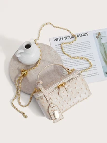 Enchnt Cream Apricot Ostrich Skin Texture Vintage Small Square Box Handbag, Gentle Commute & Date Mini Chain Purse For Women - Apricot - View 1