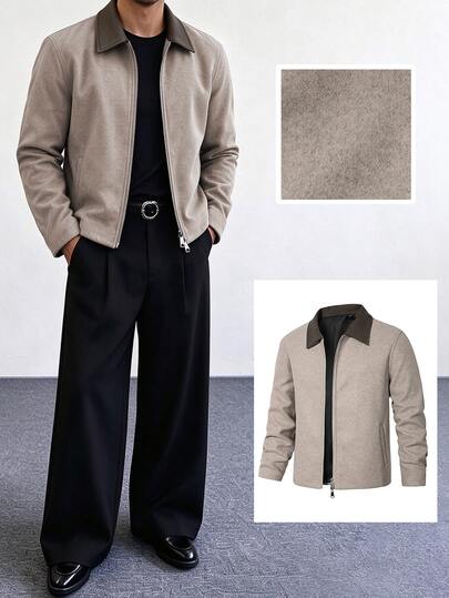 HUEFORM Men's Coffee Brown Colorblock Lapel Short Wool Jacket, Vintage Zipper Outerwear, Autumn/Winter Premium Loose Casual Wool Top, Old Money Style Relaxed Fit