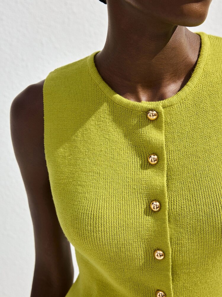 Maija Women's Elegant Olive Green Knit Top,Sleeveless Front Button Casual Solid Color Party Office Brunch Beach Brunch Graduation Breezy Top - Green - View 7