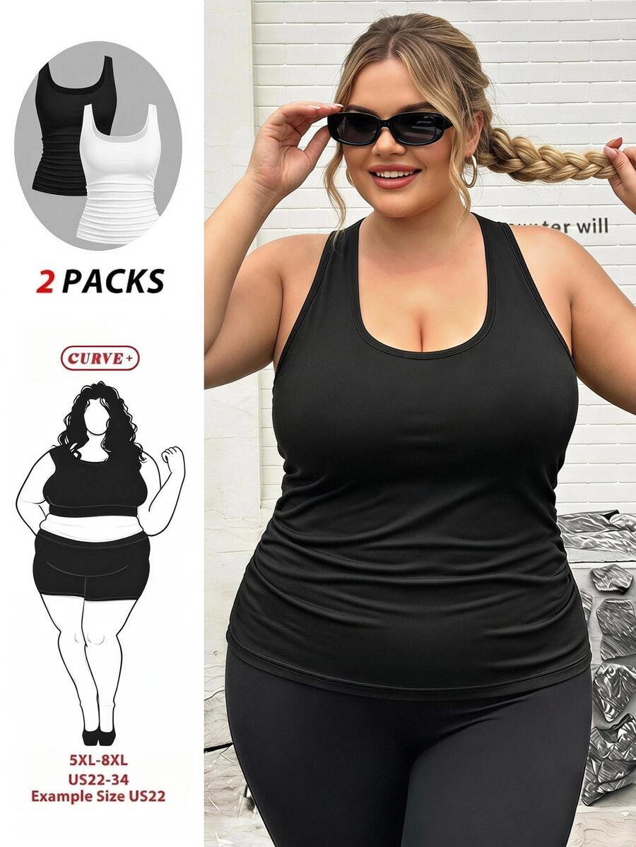 SHEIN CURVE+ 2pcs Plus Size Women Casual Casual Formal Crew Neck Ruched Waist Fitted Tank Top Set, Versatile For Daily Wear Evening Black White Summer - Black and White - View 1