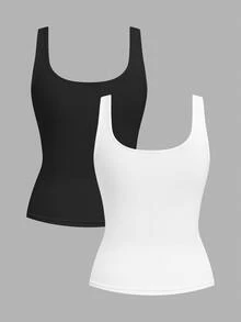 SHEIN CURVE+ 2pcs Plus Size Women Casual Casual Formal Crew Neck Ruched Waist Fitted Tank Top Set, Versatile For Daily Wear Evening Black White Summer - Black and White - View 2