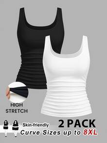 SHEIN CURVE+ 2pcs Plus Size Women Casual Casual Formal Crew Neck Ruched Waist Fitted Tank Top Set, Versatile For Daily Wear Evening Black White Summer - Black and White - View 9