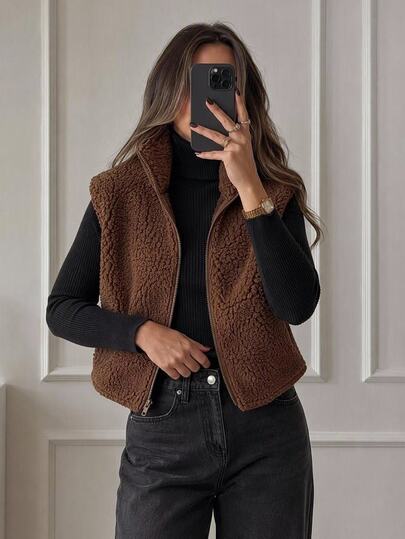 Easowa Gilet Sherpa marron café décontracté pour femmes, sans manches, unicolore, en teddy, pour l'automne, les rendez-vous, les hauts d'hiver, manteau chic de style campagnard pour Noël et les sorties