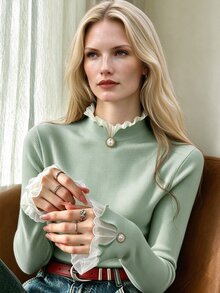 Airaco Autumn/Winter Sweet & Gentle Style Pink Ribbed Knit Base Layer Top, Chiffon Frill Trim Semi-High Neck Pearl Button Fitted Flare Long Sleeve T-Shirt, Versatile Inner Layer Top For Commute And Date - Green - View 6