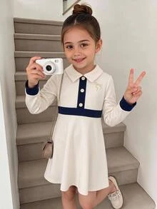 SHEIN 女童拼色拼接翻領蝴蝶結刺繡圖案收腰A字長袖厚彈力面料長洋裝，適合冬季 - 杏色 - 查看 7