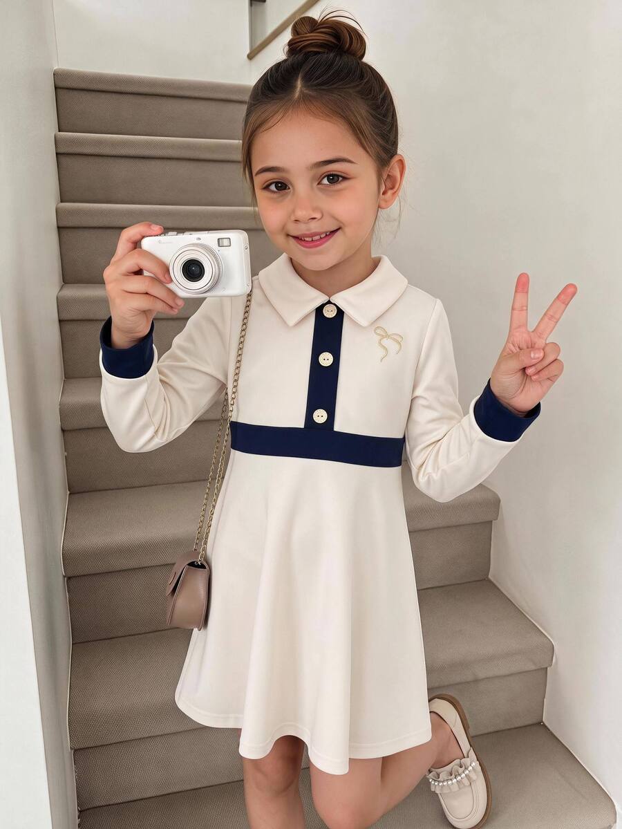 SHEIN Young Girl Color Block Patchwork Turn-Down Collar Bow Knot Embroidered Pattern Waist-Cinching A-Line Long Sleeve Thick Elastic Fabric Maxi Dress Suitable For Winter - Apricot - View 1