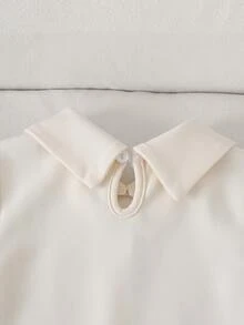 SHEIN 女童拼色拼接翻領蝴蝶結刺繡圖案收腰A字長袖厚彈力面料長洋裝，適合冬季 - 杏色 - 查看 5