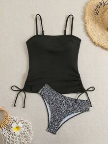 SHEIN Swim Summer Women's Tankini Set, Small Ribbed Ditsy Floral Swim Bottoms, Adjustable Straps, Casual Beach Resort Tankini Top - Black - View 7