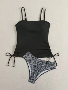 SHEIN Swim Summer Women's Tankini Set, Small Ribbed Ditsy Floral Swim Bottoms, Adjustable Straps, Casual Beach Resort Tankini Top - Black - View 8