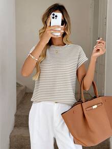 Easowa Chic Knit Striped T-Shirt For Women Loose Fit Casual Short Sleeve Top - Multicolor - View 5