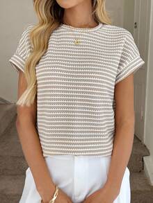 Easowa Chic Knit Striped T-Shirt For Women Loose Fit Casual Short Sleeve Top - Multicolor - View 9