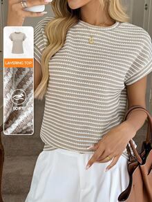 Easowa Chic Knit Striped T-Shirt For Women Loose Fit Casual Short Sleeve Top - Multicolor - View 8