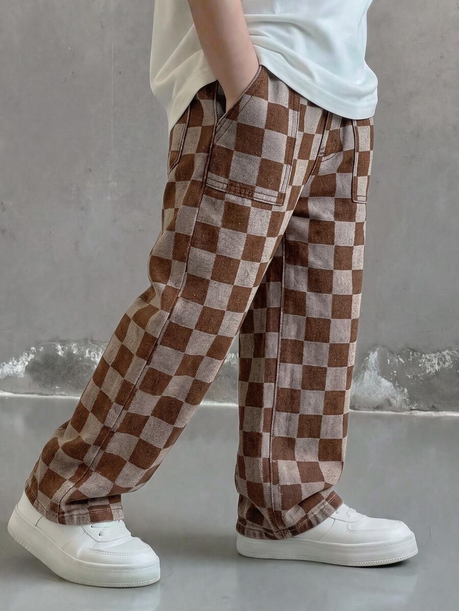 SHEIN 男童藍色格紋牛仔寬鬆直筒長褲 - 卡其色 - 查看 1