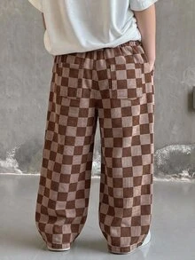 SHEIN 男童藍色格紋牛仔寬鬆直筒長褲 - 卡其色 - 查看 2