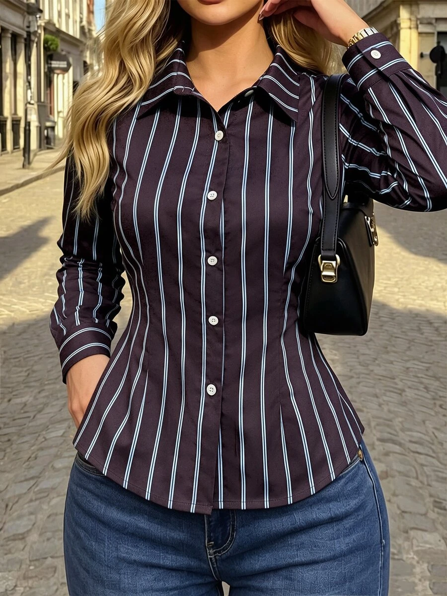 SHEIN Women's Colorful Fashion Striped Long Sleeve Slim Fit Casual Daily Autumn Blouse Minimalist Workwear - Multicolor - View 1