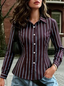 SHEIN Women's Colorful Fashion Striped Long Sleeve Slim Fit Casual Daily Autumn Blouse Minimalist Workwear - Multicolor - View 3