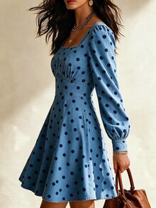 SHEIN Women's Street Style French Retro Pleated Polka Dot Denim Effect Print Long Sleeve Dress Brunch Navy Blue Polka Dot Autumn - Blue - View 4