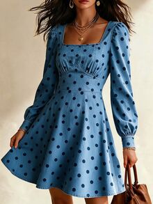 SHEIN Women's Street Style French Retro Pleated Polka Dot Denim Effect Print Long Sleeve Dress Brunch Navy Blue Polka Dot Autumn - Blue - View 5